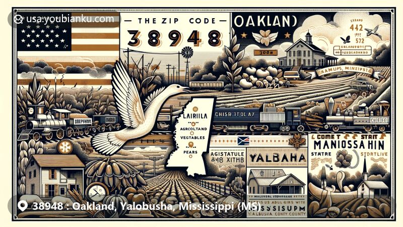 Vintage-style illustration of Oakland, Mississippi, highlighting town's Civil War history, ties to Choctaw and Chickasaw tribes, and agricultural heritage, with elements of railroad impact and vibrant community life.