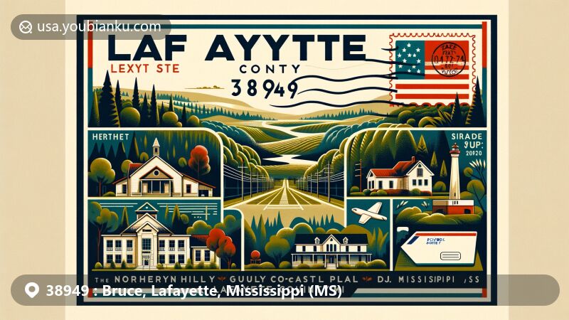 Modern illustration of Paris, Lafayette County, Mississippi, representing ZIP code 38949, featuring lush greenery of Northern Hilly Gulf Coastal Plain, vintage postcard postal theme, Lafayette County School District, and local community charm.