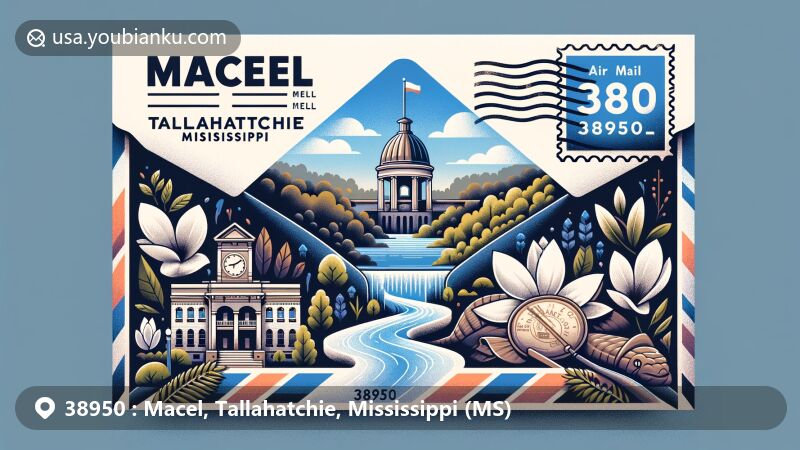 Modern illustration of Macel in Tallahatchie County, Mississippi, featuring postal theme with ZIP code 38950, Tallahatchie River, and Mississippi state symbols.