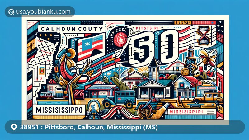 Vibrant illustration of Pittsboro, Calhoun County, Mississippi, incorporating postal elements and regional symbols, showcasing small-town charm and county seat status with Mississipi state flag and local icons.