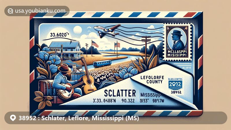 Modern illustration of Schlater, Mississippi, featuring vintage air mail envelope with ZIP code 38952 and geographic coordinates (33.64028°N, 90.34722°W), showcasing state symbols, cotton fields, and elements reflecting Mississippi Delta region.