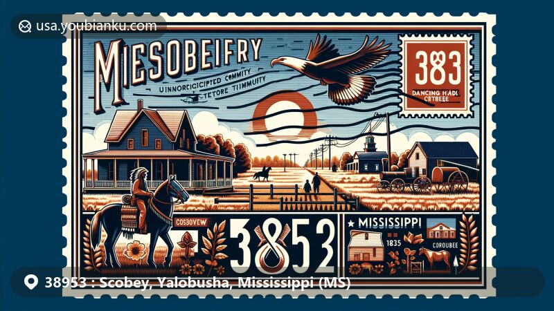Modern illustration of Scobey, Mississippi, showcasing postal theme with ZIP code 38953, featuring elements representing an unincorporated community, rural landscapes, and Yalobusha County culture.