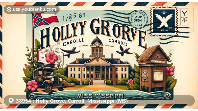 Vintage-style postcard illustration of Holly Grove, Carroll, Mississippi, showcasing ZIP code 38954 and state symbols on a postcard backdrop.