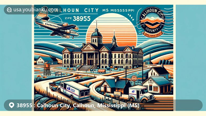Modern illustration of Calhoun City, Mississippi, showcasing postal theme with ZIP code 38955, featuring the East façade of Calhoun County Courthouse in Pittsboro and rural landscape elements.