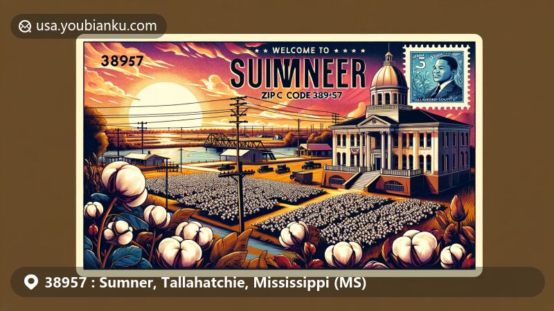 Modern illustration of Sumner, Tallahatchie County, Mississippi, showcasing the Tallahatchie County Courthouse, pivotal in the Civil Rights Movement, surrounded by cotton fields and the Tallahatchie River, with a vibrant sunset backdrop and vintage postage stamp.