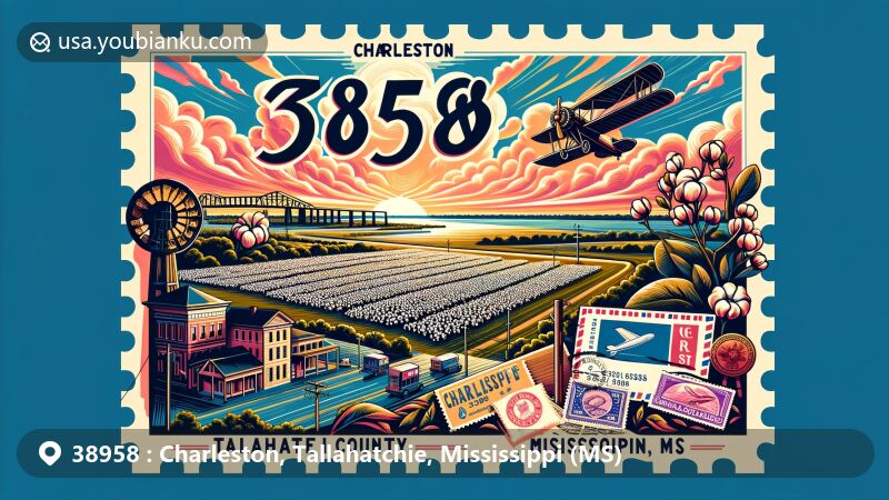 Modern illustration of Charleston, Tallahatchie County, Mississippi, depicting ZIP code 38958 and showcasing rich cultural heritage, Southern architecture, and Mississippi Delta history.