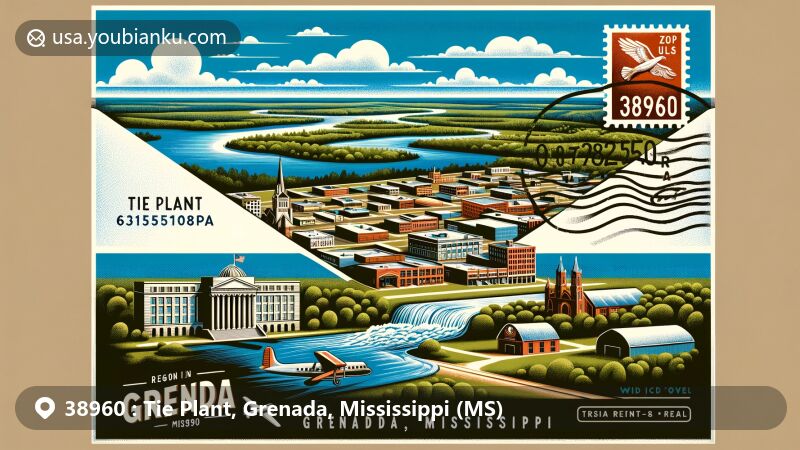 Modern illustration of Tie Plant, Grenada County, Mississippi, featuring lush landscapes, Yalobusha River, and iconic landmarks like Grenada Downtown Historic District, Grenada Masonic Temple, and Illinois Central Depot.