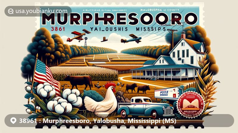 Modern illustration of Murphreesboro, Yalobusha, Mississippi, showcasing agricultural heritage with cotton, corn, poultry, and cattle, and highlighting Holly Springs National Forest.