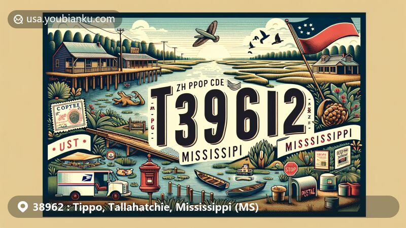 Modern illustration of Tippo, Mississippi, showcasing postal theme with ZIP code 38962, featuring natural landscapes, Mississippi state symbols, and vintage postal elements.