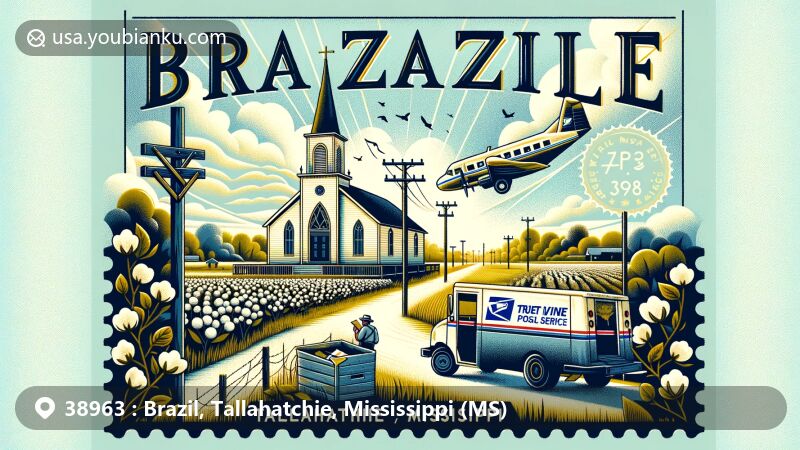 Modern illustration of Brazil community, Tallahatchie County, Mississippi, blending postal theme with local identity, featuring True Vine Baptist Church and Mississippi Delta elements.
