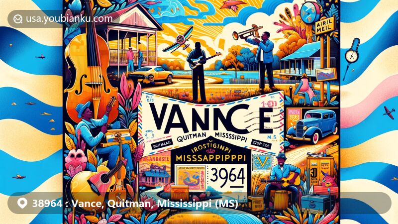 Modern illustration of Vance, Quitman, Mississippi, showcasing postal theme with ZIP code 38964, highlighting Mississippi Blues Trail and birthplace of blues musician Sunnyland Slim, with air mail elements and state symbols.