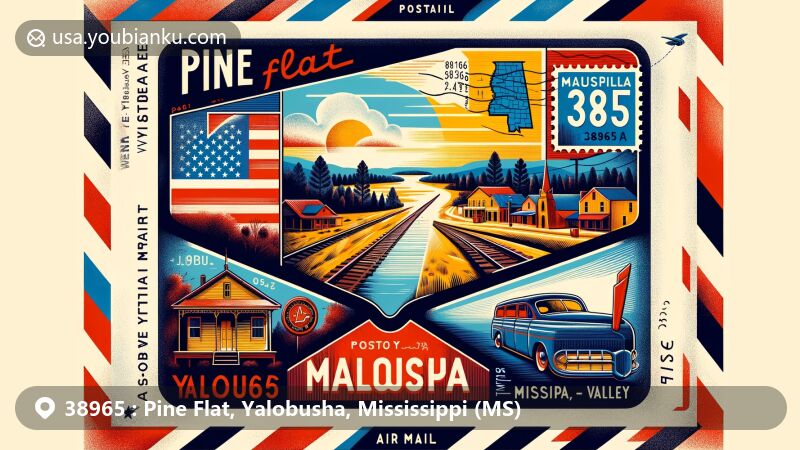 Vintage-style illustration of Pine Flat in Yalobusha County, Mississippi, featuring ZIP code 38965, showcasing Mississippi state flag and historical background of Yalobusha County, including early settlement or railroad, with postal symbols like mailbox and cotton plantation stamp.