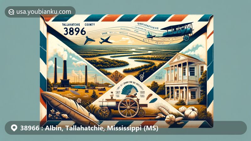 Vintage-style illustration of Albin, Tallahatchie, Mississippi, showcasing postal theme with ZIP code 38966, featuring Tallahatchie River, antebellum mansion, Choctaw motif, and cotton boll.
