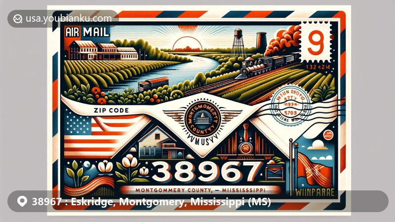 Modern illustration of Eskridge, Montgomery County, Mississippi, and Winona, featuring a stylized airmail envelope with iconic Mississippi symbols and a nod to Winona's railroad history.
