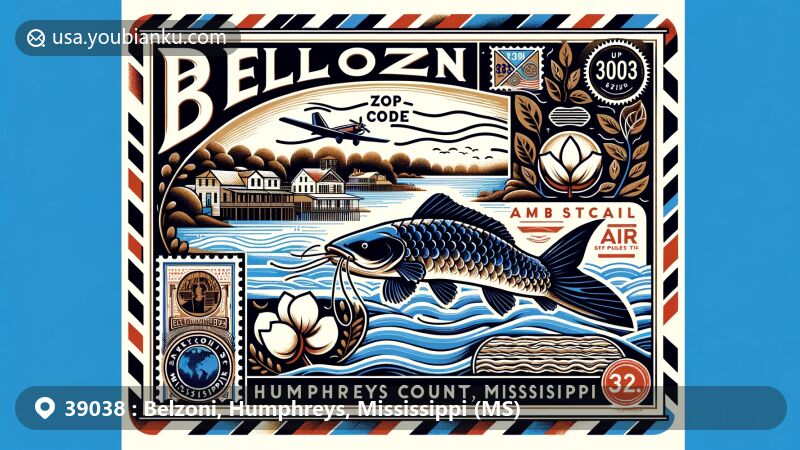 Modern illustration of Belzoni, Humphreys County, Mississippi, showcasing postal theme with ZIP code 39038, featuring Yazoo River, catfish, and cotton plant.