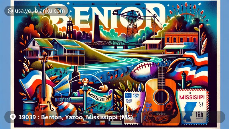 Modern illustration of Benton, Yazoo, Mississippi (MS) with ZIP code 39039, featuring lush landscape, Yazoo River, Civil Rights March, Bentonia Blues, vintage postal elements, and Mississippi state flag.