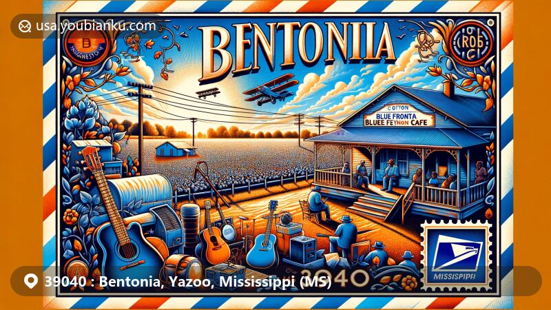 Modern illustration of Bentonia, Mississippi, showcasing Bentonia Blues Festival, Blue Front Cafe, and postal theme with ZIP code 39040, set against rural and historic backdrop with cotton fields and Mississippi landscapes.