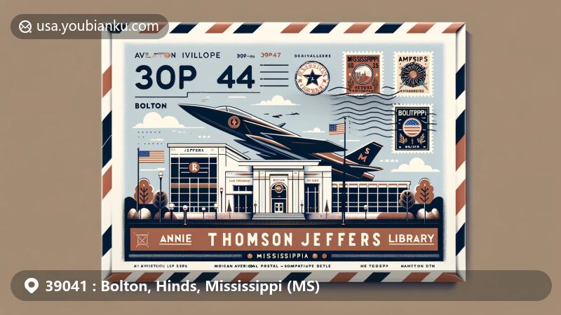Modern illustration of aviation envelope design from Bolton, Mississippi, showcasing ZIP code 39041 with Annie Thompson Jeffers Library, state flag, and postal elements.