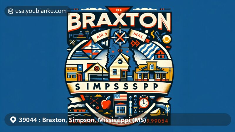 Modern illustration of Braxton, Simpson County, Mississippi, featuring postal theme with ZIP code 39044, incorporating geographical coordinates (32.02389°N, 89.97056°W) and cultural symbols like Mississippi's outline, state flag, and a close-knit community.