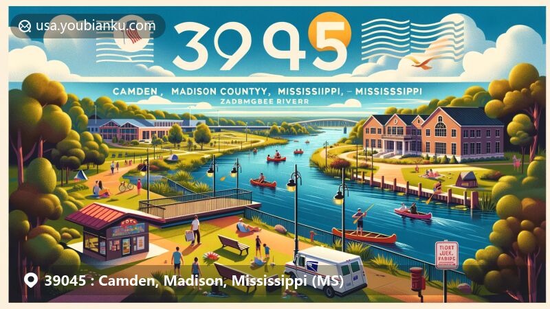Modern illustration of Camden, Madison County, Mississippi, showcasing postal theme with ZIP code 39045, highlighting outdoor activities near the Tombigbee River like fishing, canoeing, and kayaking.