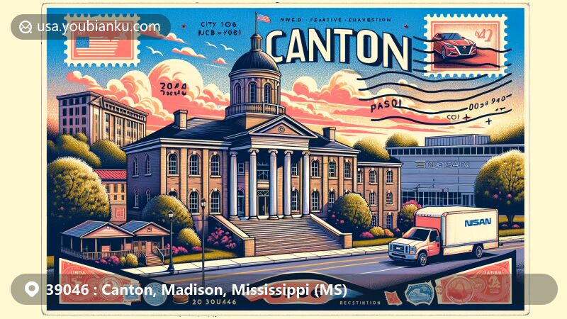 Creative illustration of Canton, Mississippi, with ZIP code 39046, showcasing historical, cultural, and modern aspects. Features iconic landmarks like the Georgian courthouse and historic district, alongside the Nissan auto manufacturing facility. Includes postal elements like envelope shape, stamps, and postmark.
