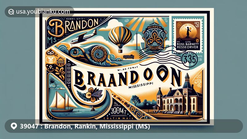 Contemporary illustration of Brandon, Mississippi, portraying a fusion of regional and postal themes with a vintage airmail envelope featuring Ross Barnett Reservoir stamp, Brandon Amphitheater, and CelticFest elements.