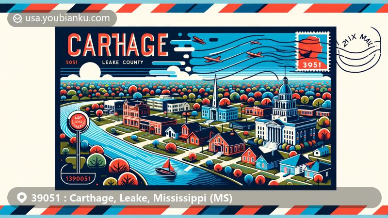 Modern illustration of Carthage, Leake County, Mississippi, featuring Pearl River, Carthage Historic District, Natchez Trace Parkway, and vintage air mail elements.