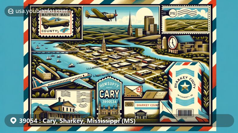 Modern illustration of Cary, Sharkey County, Mississippi, merging postal themes with local geography and demographics, set against the backdrop of the Delta region's natural beauty, featuring vintage air mail envelope design with ZIP code 39054.