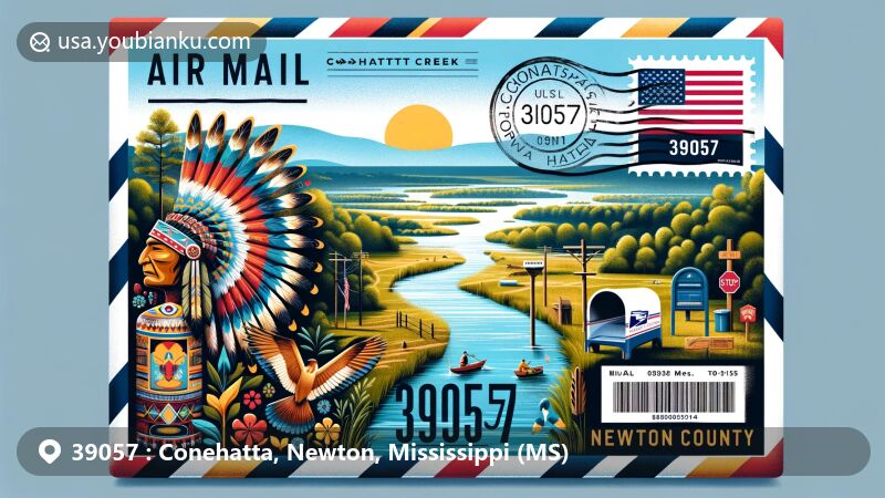 Modern illustration of Conehatta, Newton County, Mississippi, resembling an air mail envelope with Choctaw Indian cultural symbols and Mississippi state flag, featuring Conehatta Creek and Newton County outline.