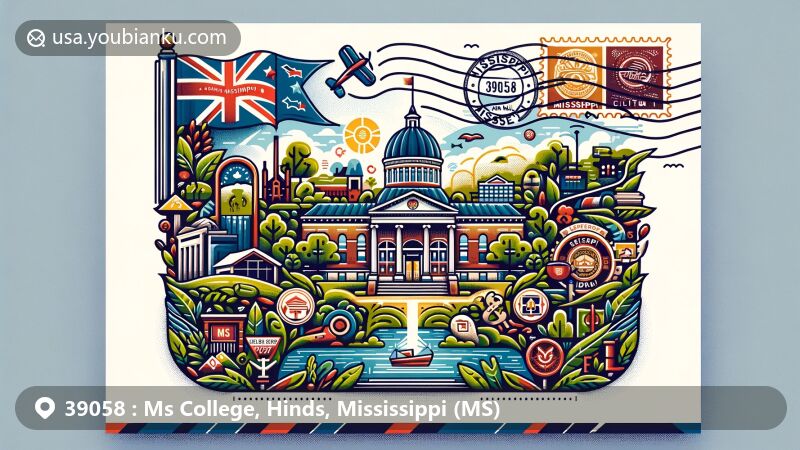Modern illustration of ZIP Code 39058 area in Clinton, Mississippi, showcasing Leland Speed Library and local culture in a postcard design.