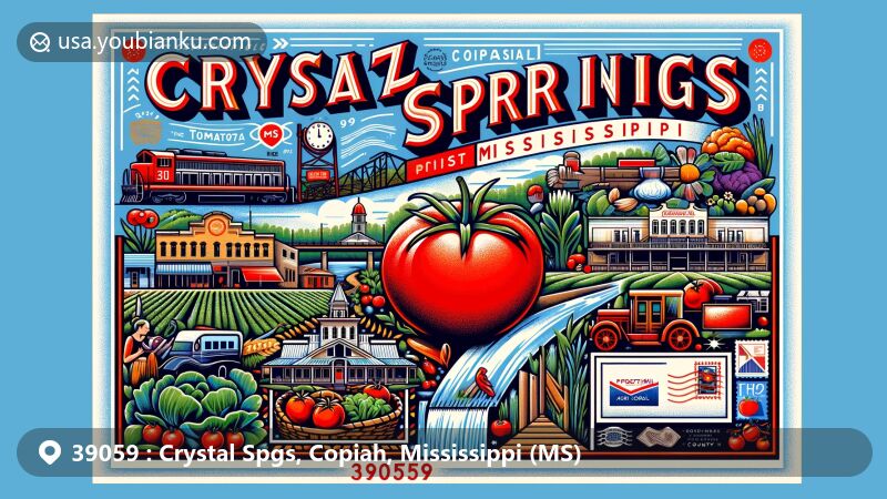 Modern illustration of Crystal Springs, Copiah County, Mississippi, showcasing tomato and cabbage production, known as the 'Tomato Capital of the World,' with historical railroads, downtown area, and annual Tomato Festival.