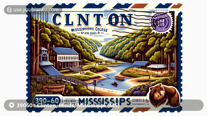 Modern illustration of Clinton, Hinds County, Mississippi, featuring postal theme with ZIP code 39060, displaying Mississippi College, Clinton Community Nature Center, and Natchez Trace Parkway.