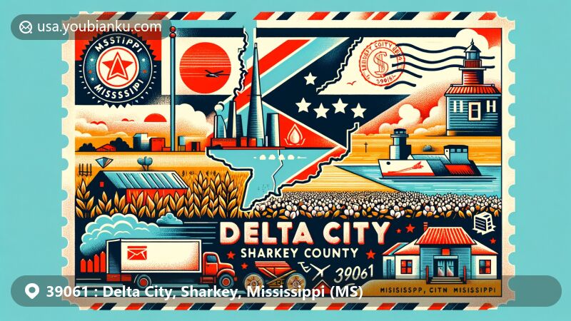 Modern illustration of Delta City, Sharkey County, Mississippi, showcasing postal theme with ZIP code 39061, featuring state flag, Sharkey County map, and Delta region symbols like cotton fields and Mississippi River.
