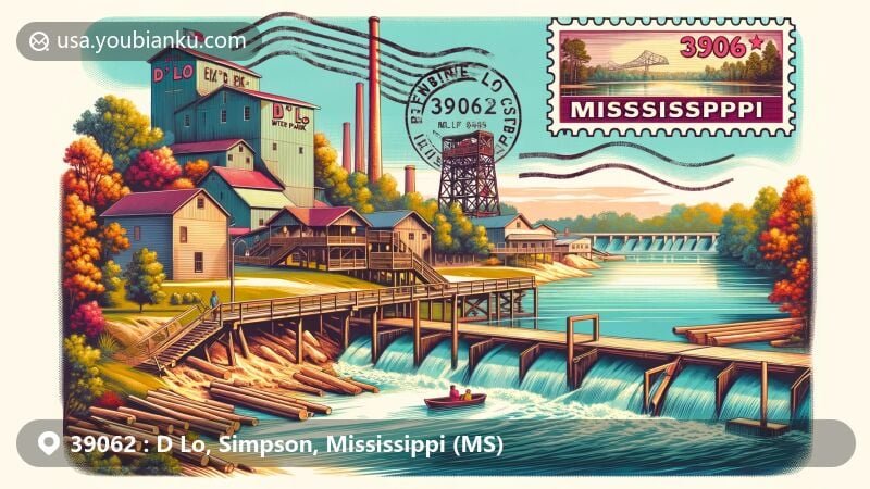 Modern illustration of D Lo, Mississippi, showcasing D'Lo Water Park on the Strong River and Finkbine Lumber Company sawmill, with vintage postage stamp featuring ZIP Code 39062 and Mississippi state flag elements.