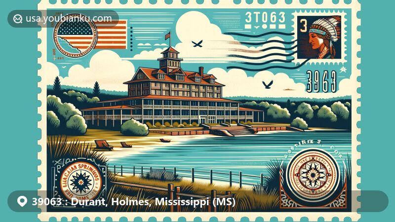 Modern illustration of Durant, Holmes County, Mississippi, featuring postal theme with ZIP code 39063, showcasing Castalian Springs Hotel, Holmes County State Park, Choctaw heritage, and vintage train depot.