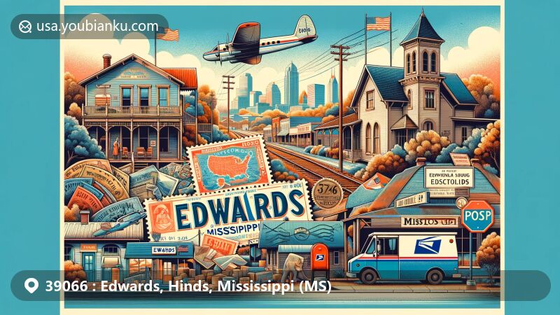 Modern illustration of Edwards, Hinds County, Mississippi, showcasing postal theme with ZIP code 39066, featuring A.J. Lewis House and Jackson Metropolitan Area connection.