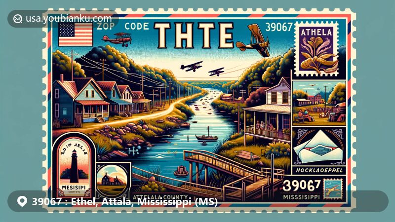 Modern illustration of Ethel, Attala County, Mississippi, with ZIP code 39067, featuring scenic Yockanookany River and elements representing small community life.