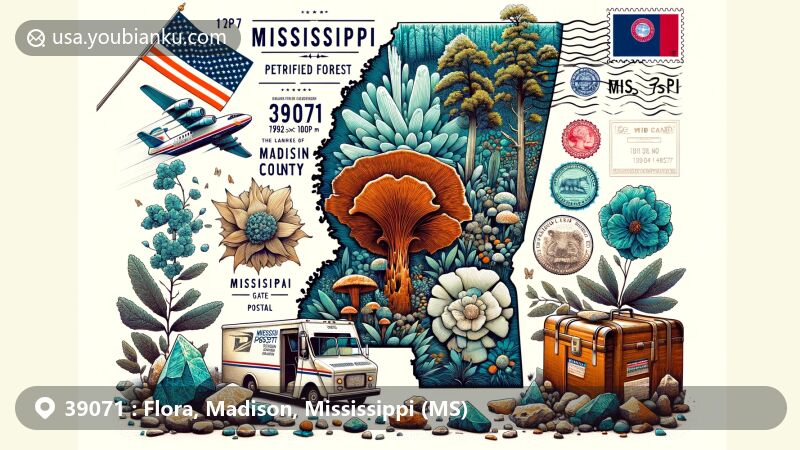 Modern illustration of Flora, Mississippi, combining local features with postal elements, featuring the Mississippi Petrified Forest as a backdrop and classic American postal themes with ZIP code 39071.