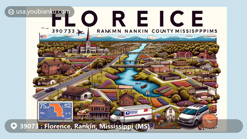 Modern illustration of Florence, Rankin County, Mississippi, showcasing postal theme with ZIP code 39073, featuring local community and landscape elements, including schools, residential areas, and postal design elements.