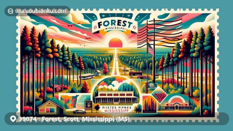 Modern illustration of Forest, Scott County, Mississippi, highlighting postal theme with ZIP code 39074, showcasing natural pine environment and community spirit, featuring G. V. Montgomery Airport and scenes of diverse communities living in harmony.