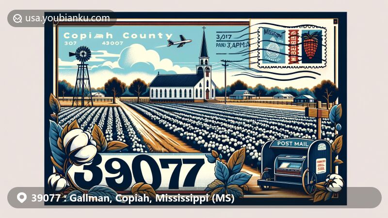 Vibrant postcard-style illustration of Gallman, Mississippi, showcasing ZIP code 39077 with local and postal themes, featuring Copiah County's agriculture, Gallman Baptist Church, vintage air mail design, and Mississippi state symbols.
