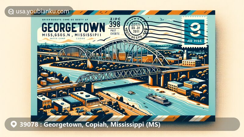 Modern illustration of Georgetown, Copiah County, Mississippi, showcasing postal theme with ZIP code 39078, featuring Pearl River and Highway 28 bridge.