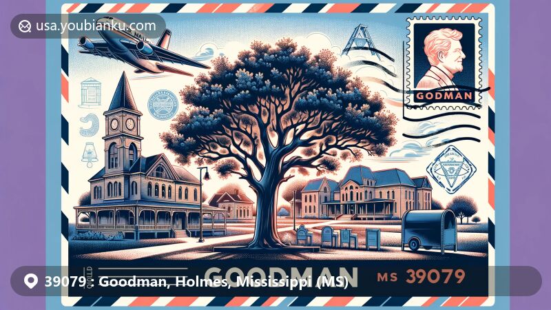 Modern illustration of Goodman, Mississippi, featuring ZIP code 39079 and Holmes Community College against a backdrop of century-old oak trees, with silhouettes of Eureka Masonic Lodge. Stamp design with 'Goodman, MS 39079', postmark, mailbox, and postal van.