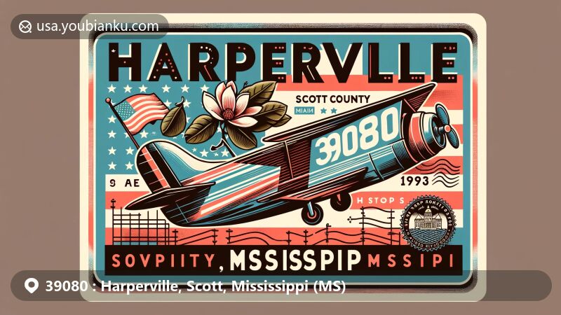 Modern illustration of Harperville, Scott County, Mississippi, featuring vintage airmail envelope with ZIP code 39080 and iconic Mississippi symbols like state flag and magnolia.