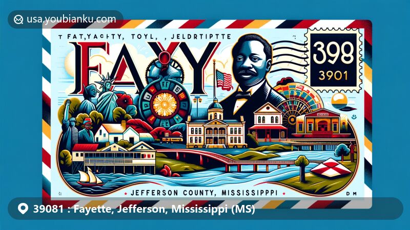 Modern illustration of Fayette, Jefferson County, Mississippi, showcasing postal theme with ZIP code 39081, featuring landmarks and cultural elements reflecting the area's civil rights history and natural beauty.