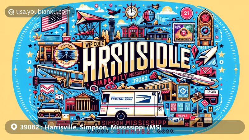 Modern illustration of Harrisville, Simpson County, Mississippi, showcasing postal theme with ZIP code 39082, highlighting local landmarks and Mississippi symbols.