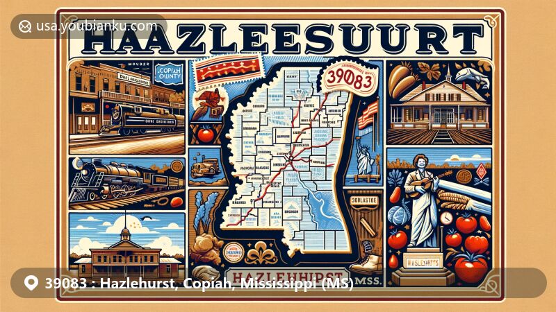 Vintage-style illustration of Hazlehurst, Copiah County, Mississippi, with a focus on ZIP code 39083. Features include a stylized map of Copiah County highlighting Hazlehurst, alongside landmarks like the New Orleans, Jackson and Great Northern Railroad, Robert Johnson monument, and crops representing the city's agriculture. Includes a postage stamp with the Mississippi state flag, postmark 'February 15, 2024,' and text '39083 Hazlehurst, MS.' Warm color palette adds charm and nostalgia.