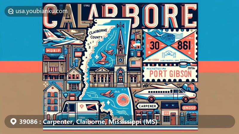 Modern illustration of Carpenter area, Claiborne County, Mississippi, with postal theme featuring ZIP code 39086, showcasing iconic landmarks of Port Gibson and postal elements like airmail envelope, stamp, mailboxes, and trucks.