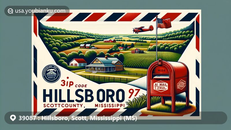 Modern illustration of Hillsboro, Scott County, Mississippi, featuring air mail envelope frame with lush landscapes, agricultural fields, residential homes, and Mississippi state flag, symbolizing rural serenity and community life.