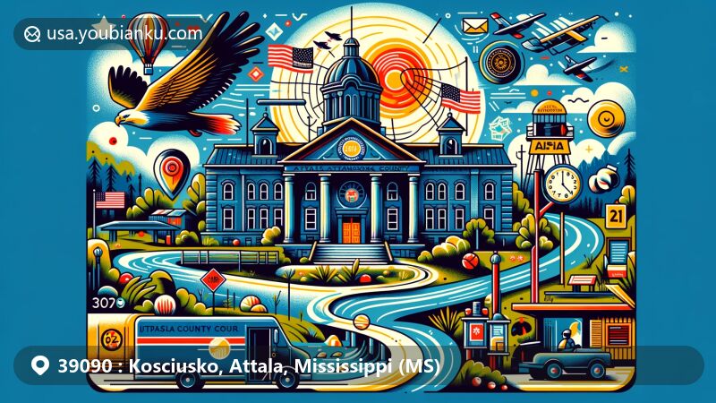 Modern illustration of Kosciusko, Attala County, Mississippi, showcasing landmarks, cultural heritage, and postal theme with Attala County Courthouse, Yockanookany River, and postal symbols like stamp and postmark.
